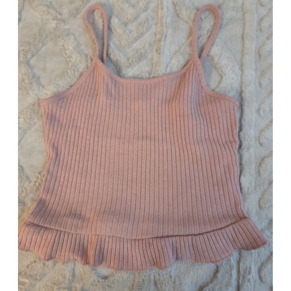 Pink Ribbed Knit Ruffle Hem Camisole Spaghetti Strap Tank Top XS